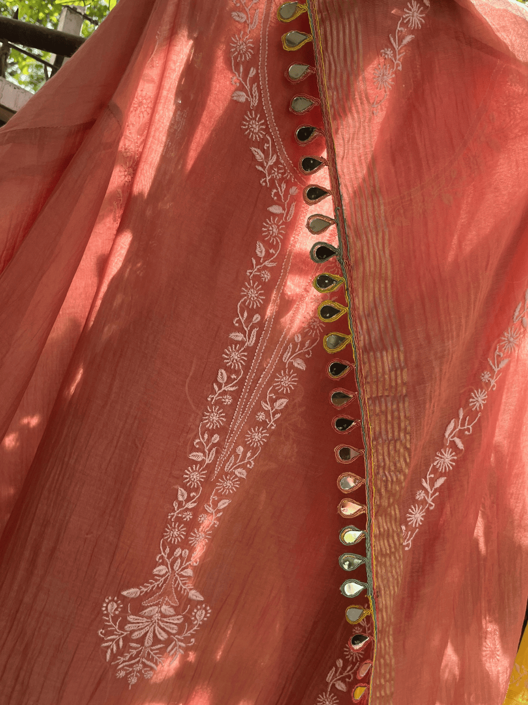 Pure Mulmul Kurta Set with Chikankari & Embroidered Sleeves with Mirror Lace Dupatta (Set of 3) (Semi-stitched)