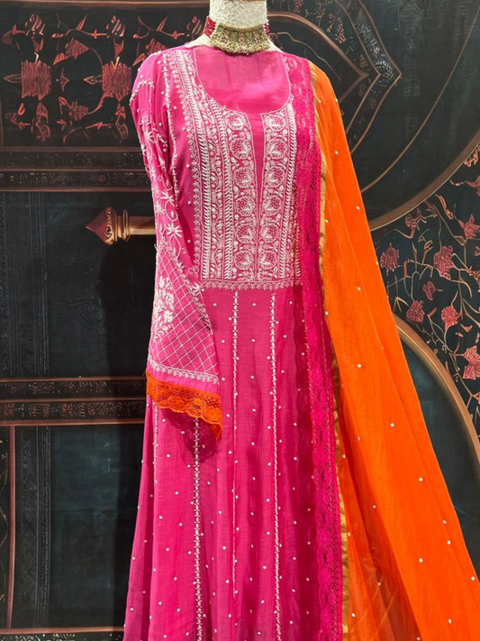 Elegant Mulmul Chikankari Anarkali Set