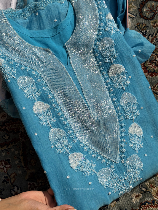Firozi Blue Torque Handcrafted Mulmul Unstitched Suit Set
