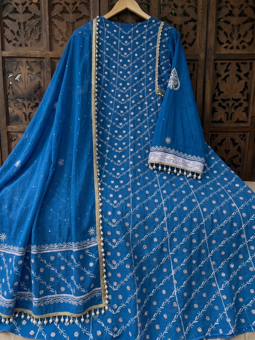 Pure Mulmul Anarkali Suit Set with Chikankari & Aari-Sequin Work with Embroidered Dupatta (Set of 3) (Semi-stitched)
