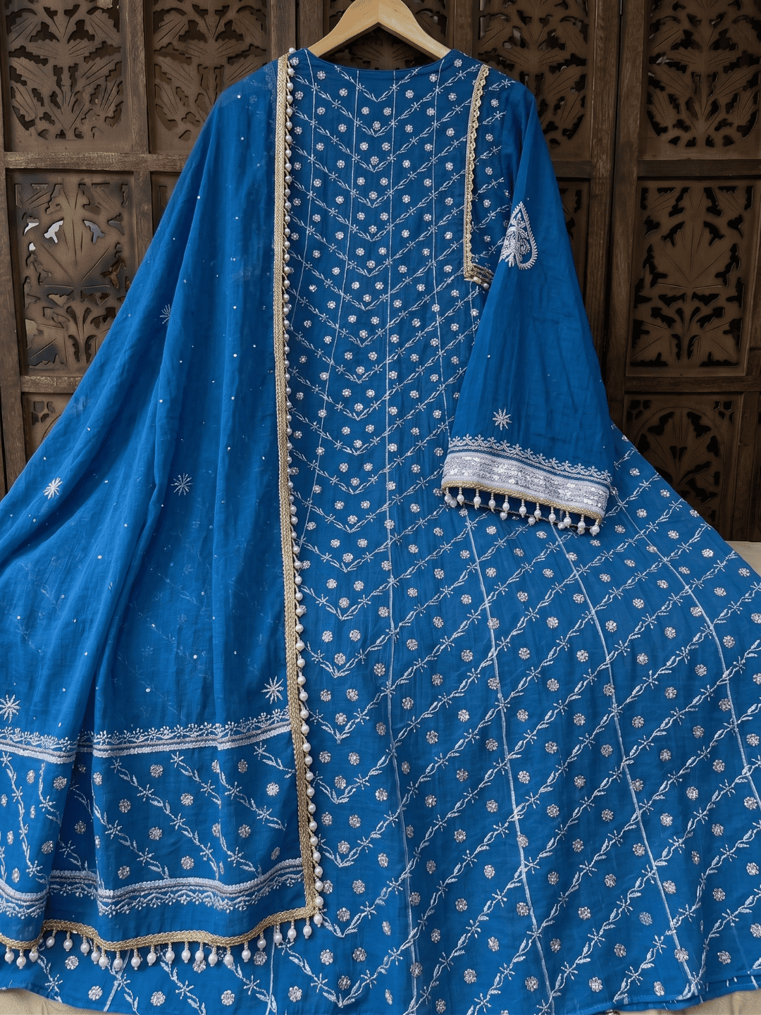 Pure Mulmul Anarkali Suit Set with Chikankari & Aari-Sequin Work with Embroidered Dupatta (Set of 3) (Semi-stitched)