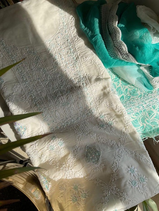 Cotton Voile Suit Set with Chikankari Jaal & Sequin-Cutdana Work with Chiffon Dupatta (Set of 3) (Unstitched)