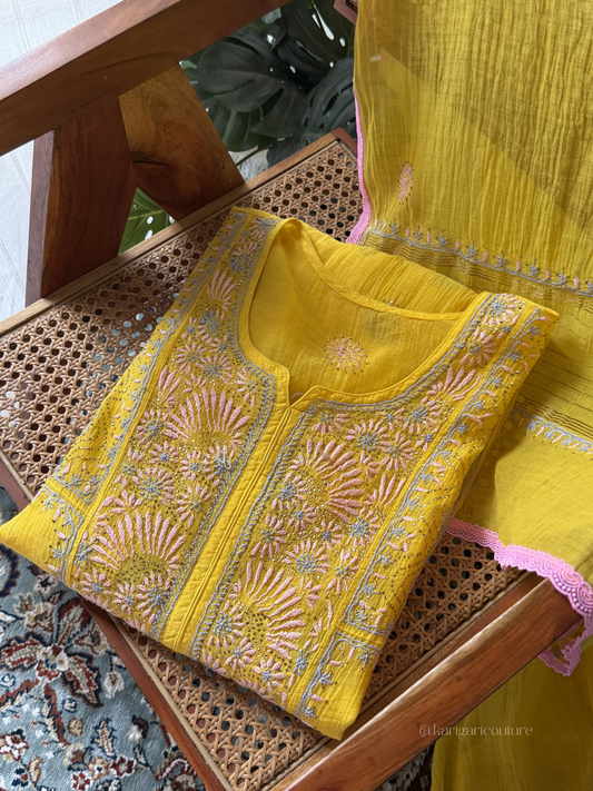 Hand-Embroidered Chikan & Mukaish Mulmul Gathered Tunic Set