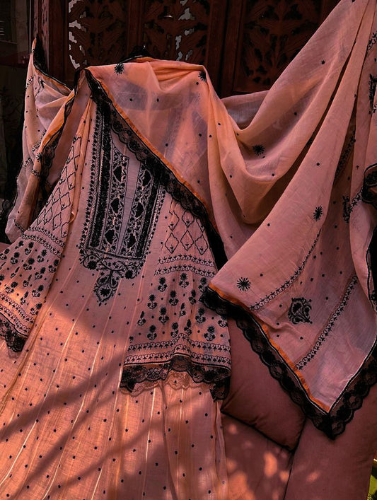 Pure Mulmul Kurta Set with Chikankari & Cutdana-Moti Work with Embroidered Dupatta (Set of 3) (Stitched)