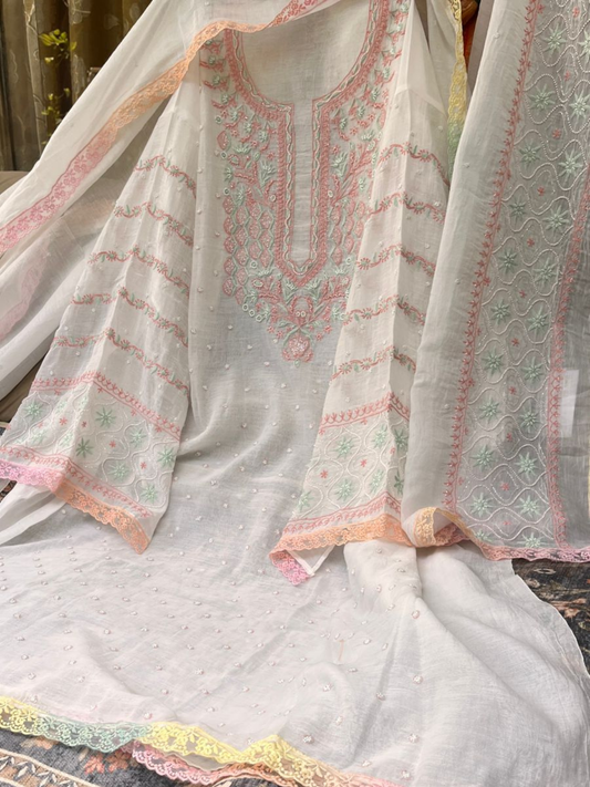 Pure Mulmul Suit Set with Multithread Chikankari & Pearl Embellishments with Embroidered Dupatta (Set of 3) (Unstitched)