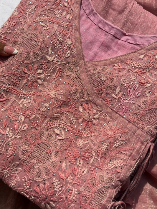 Hand Embroidered Tissue Angrakha Set with Intricate Jaali Work & Heavy Dupatta (Set of 2)