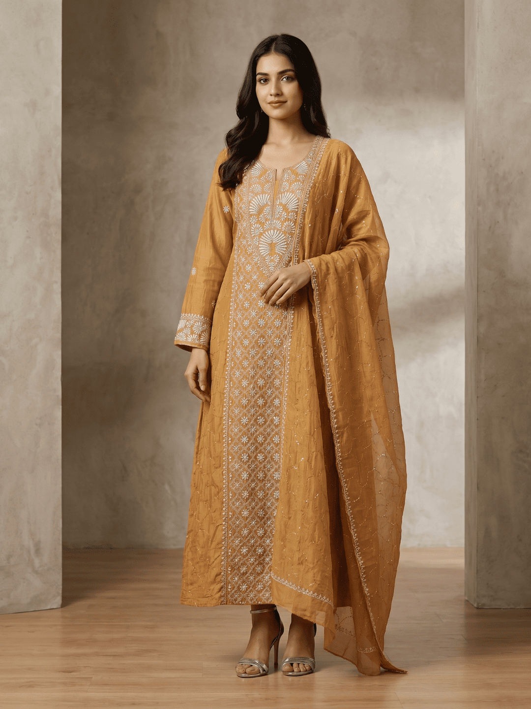 Pure Mulmul Chanderi Kurta Set with Chikankari & Mukaish Work with Handcrafted Dupatta (Set of 3) (Semi-stitched)