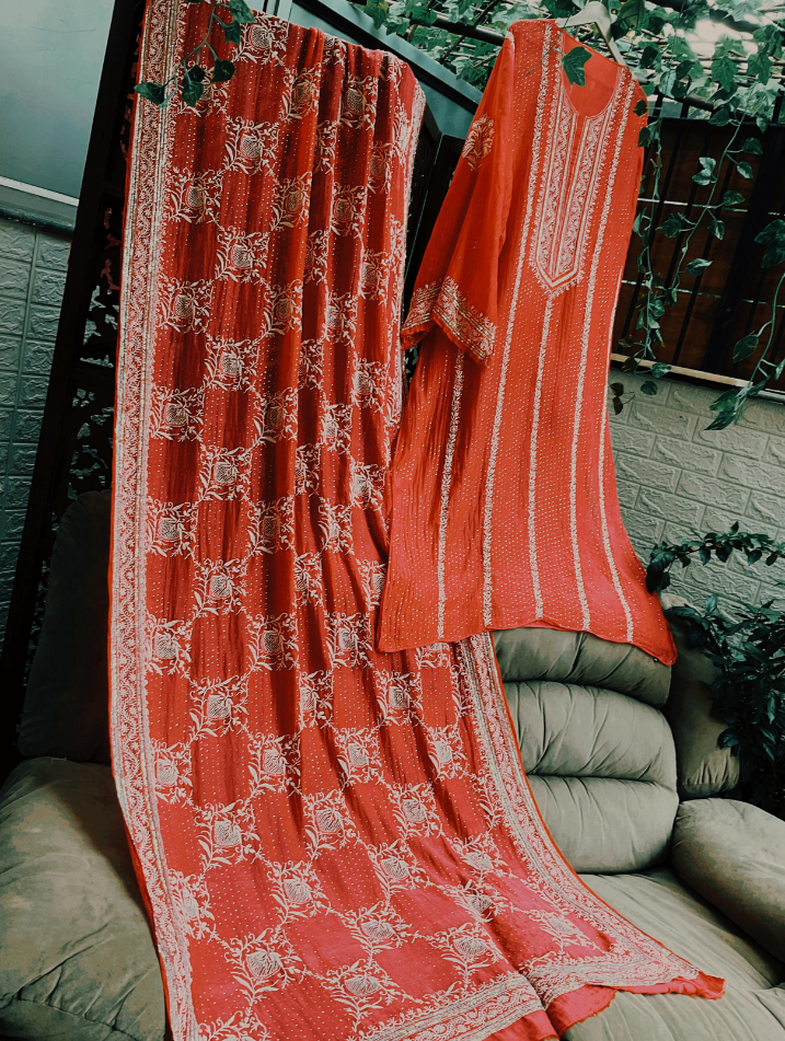 Ensemble festif en chikankari de luxe en mulmul