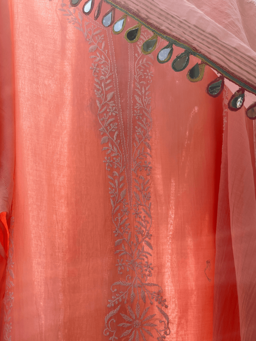 Pure Mulmul Kurta Set with Chikankari & Embroidered Sleeves with Mirror Lace Dupatta (Set of 3) (Semi-stitched)