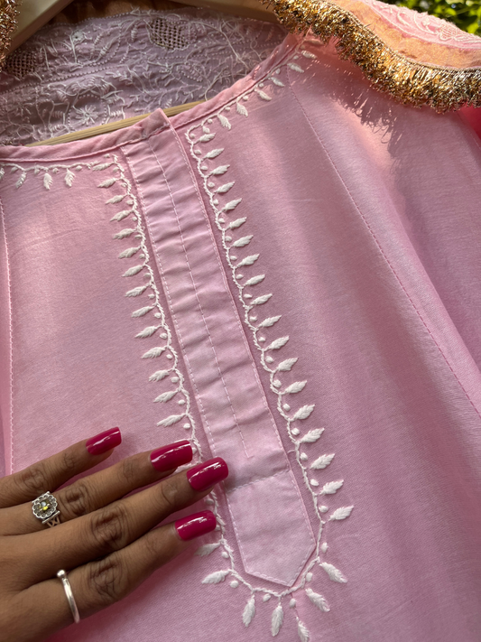 Pure Chanderi Silk Anarkali Set with Ek Taar Chikankari with Coordinated Palazzo & Dupatta (Set of 3) (Stitched)