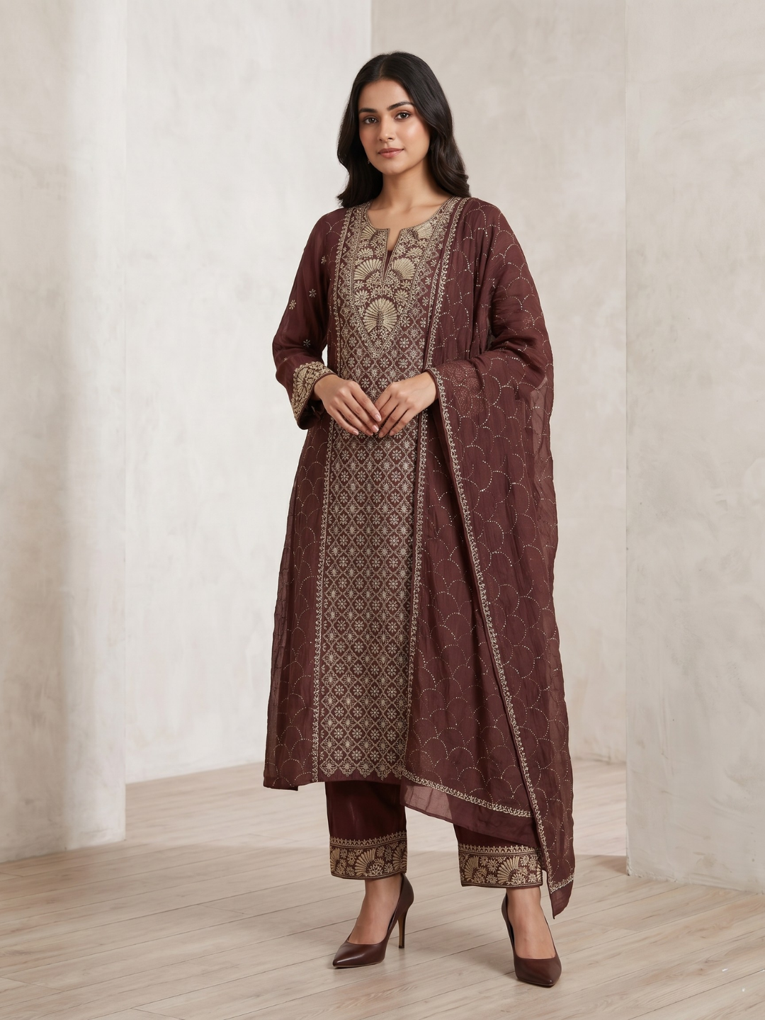Pure Mulmul Chanderi Kurta Set with Chikankari & Mukaish Work with Handcrafted Dupatta (Set of 3) (Semi-stitched)