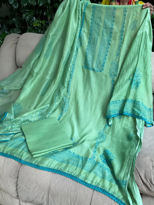 Pure Mulmul Kurta Set with Handblock Print & Artisanal Printwork with Printed Dupatta (Set of 3) (Unstitched)