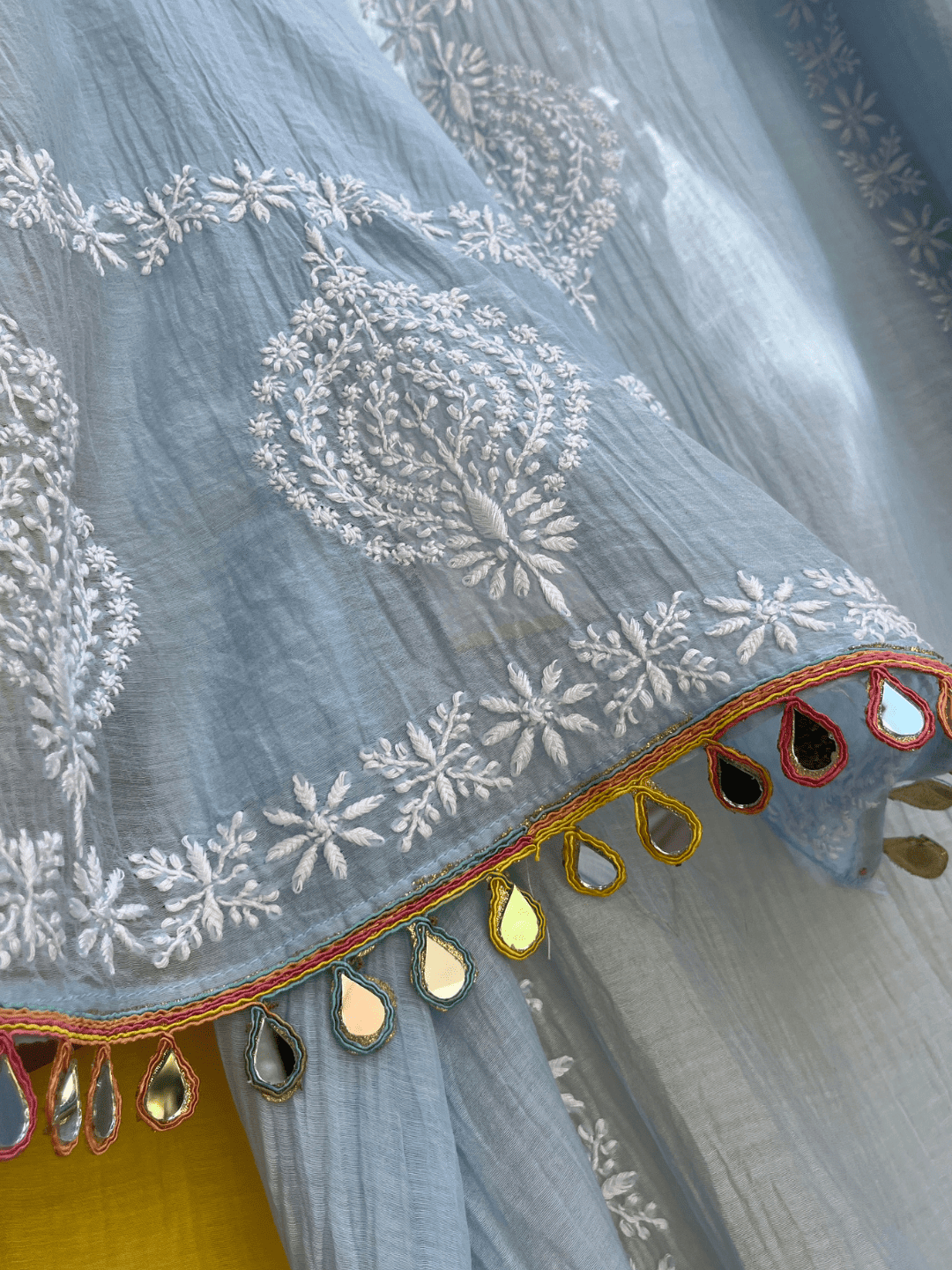 Pure Mulmul Kurta Set with Chikankari & Embroidered Sleeves with Mirror Lace Dupatta (Set of 3) (Semi-stitched)