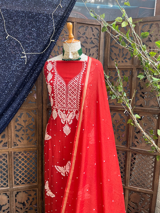 Teal orange kurta set with dupatta Unstitched