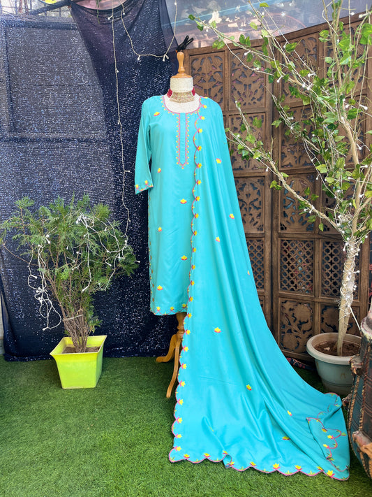 Sky-blue Boolan kurta set