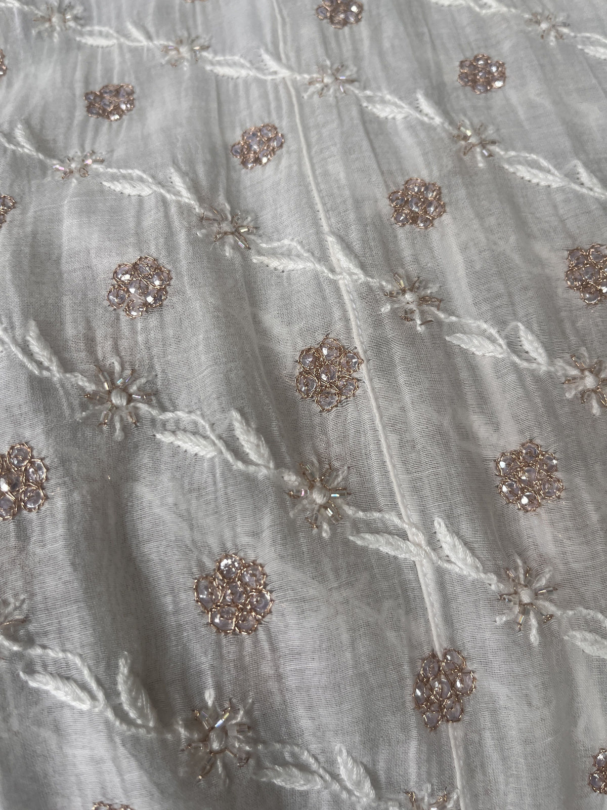 Pure Mulmul Anarkali Suit Set with Chikankari & Aari-Sequin Work with Embroidered Dupatta (Set of 3) (Semi-stitched)
