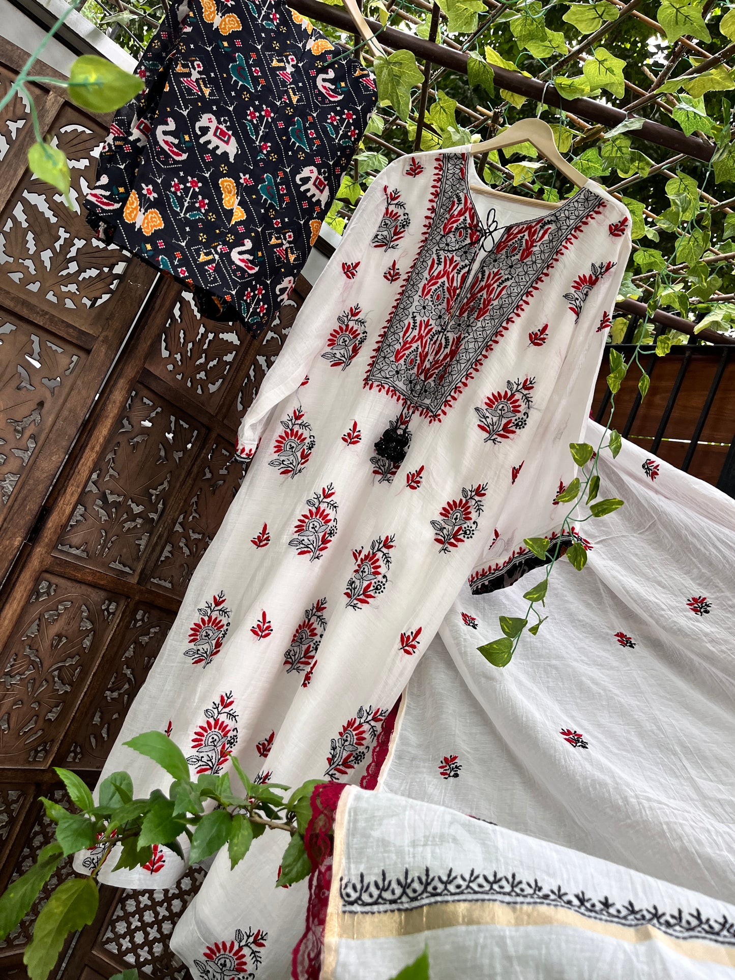 Mulmul kurta with dupatta and patola print cotton silk pants