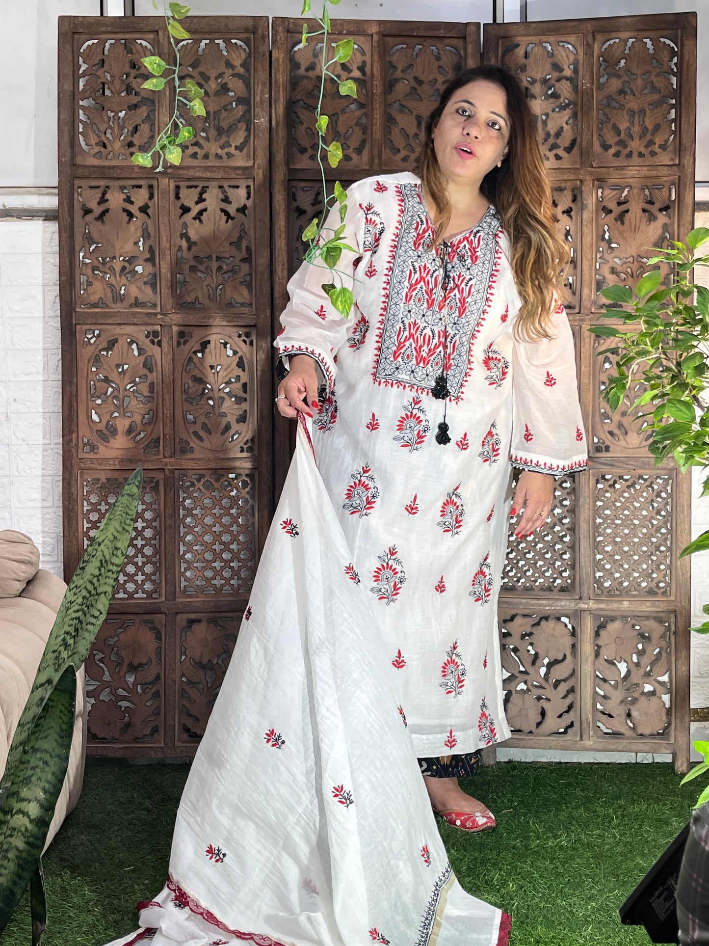 Mulmul kurta with dupatta and patola print cotton silk pants
