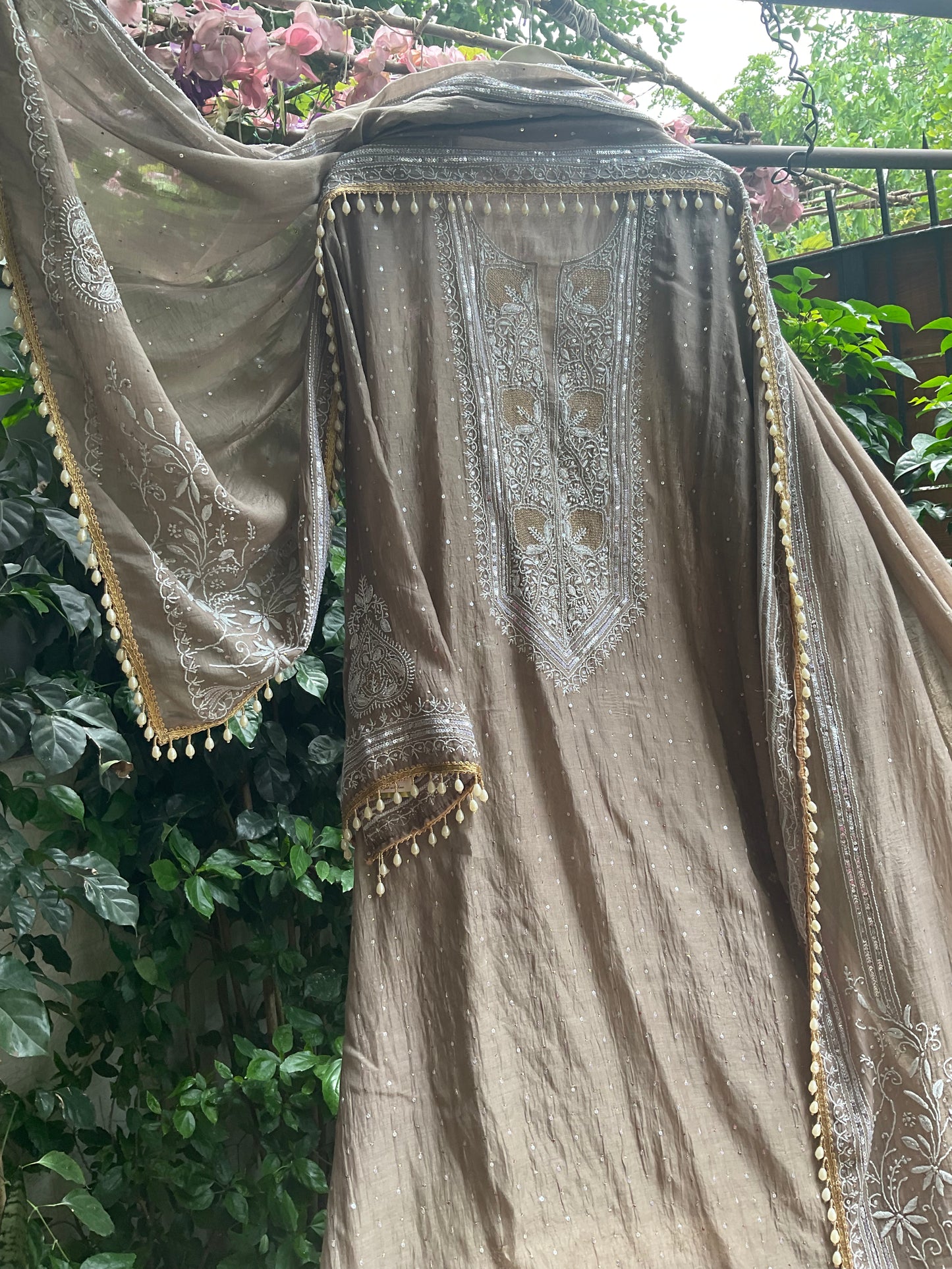 Pure Mulmul Kurta Set with Superfine Ektaar Chikankari & Mukaish Work with Heavy Aari Embroidery Dupatta (Set of 3) (Unstitched)