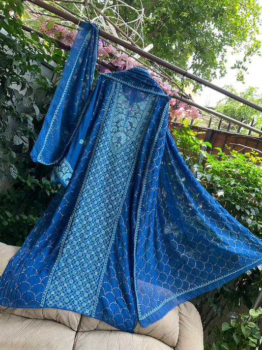 Pure Mulmul Chanderi Kurta Set with Chikankari & Mukaish Work with Handcrafted Dupatta (Set of 3) (Semi-stitched)
