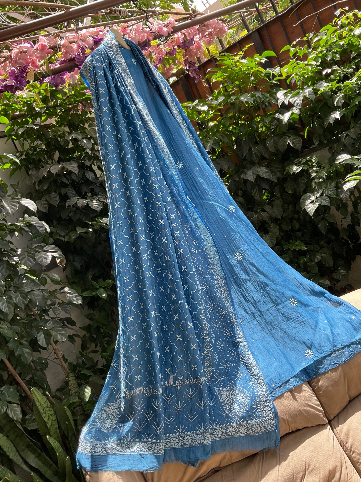 Pure Mulmul Kurta Set with Heavy Hand Chikankari & Mukaish Work with Handcrafted Dupatta (Set of 3) (Semi-stitched)