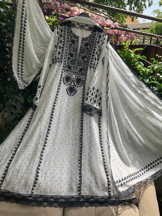 Pure Mulmul Anarkali Suit Set with Chikankari & Jaali Work with Handcrafted Dupatta (Set of 3) (Semi-stitched)