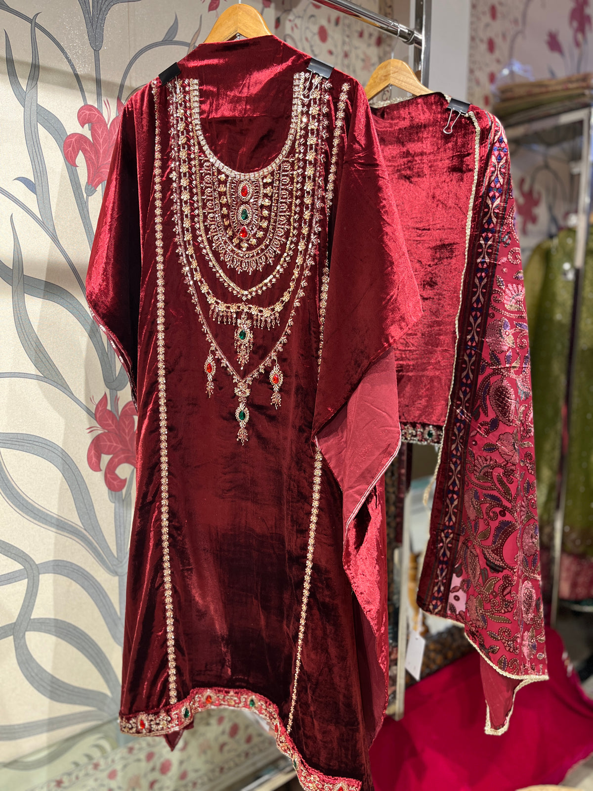 Pure Velvet Suit Set with Zardozi, Dabka & Crystal Handwork (Set of 3) (Unstitched)