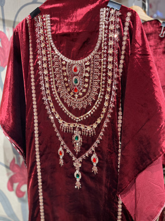 Pure Velvet Suit Set with Zardozi, Dabka & Crystal Handwork (Set of 3) (Unstitched)