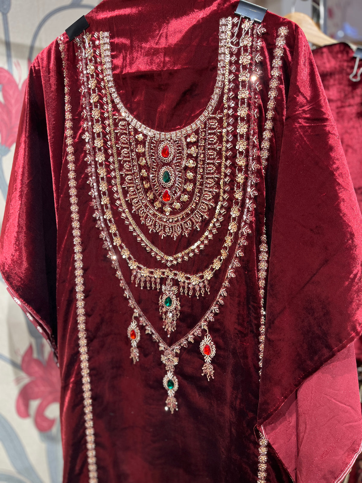 Pure Velvet Suit Set with Zardozi, Dabka & Crystal Handwork (Set of 3) (Unstitched)