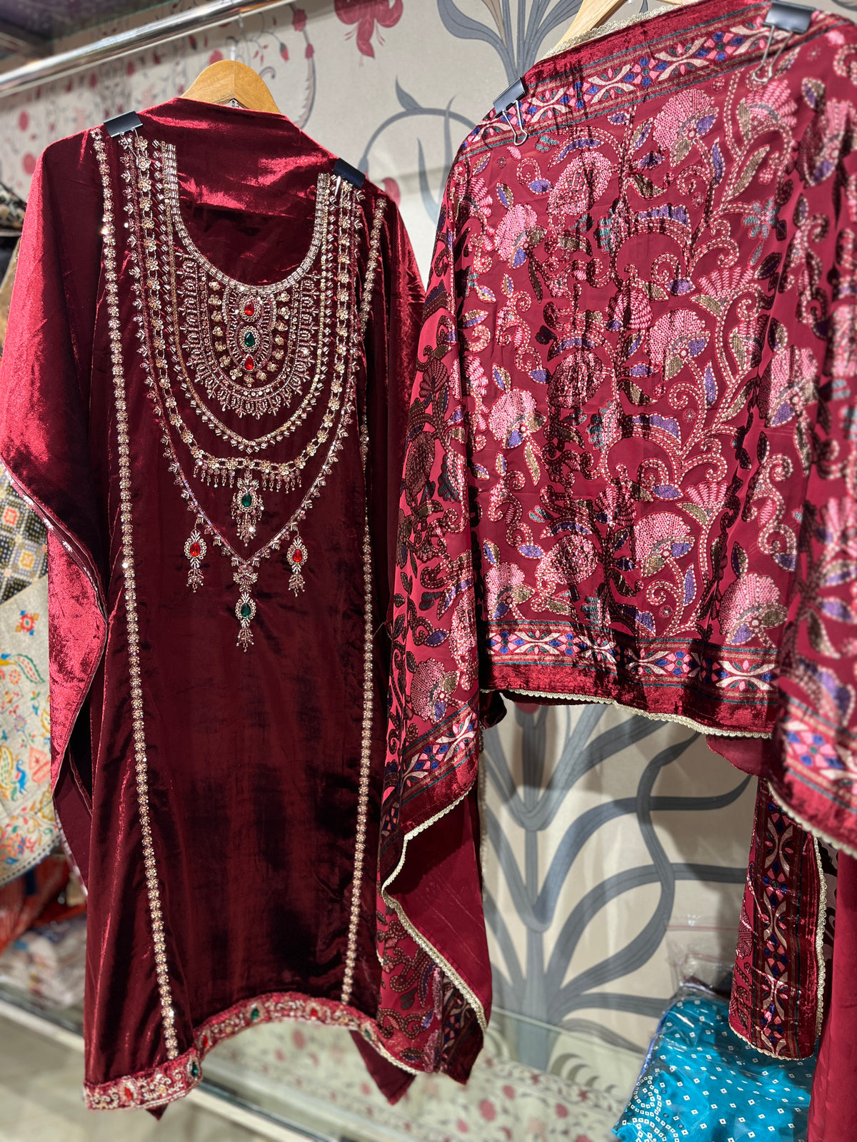 Pure Velvet Suit Set with Zardozi, Dabka & Crystal Handwork (Set of 3) (Unstitched)
