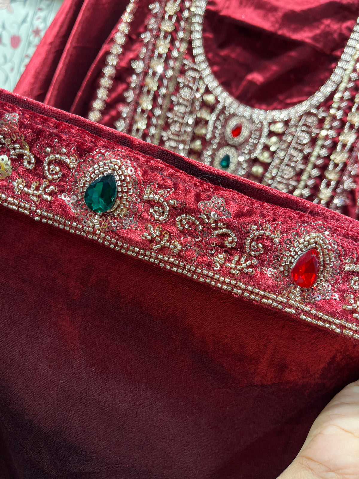 Pure Velvet Suit Set with Zardozi, Dabka & Crystal Handwork (Set of 3) (Unstitched)