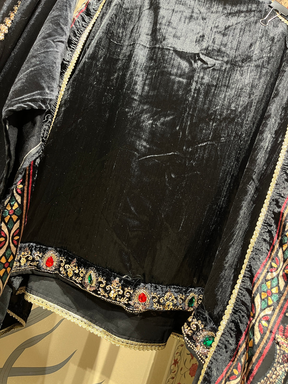 Pure Velvet Suit Set with Zardozi, Dabka & Crystal Handwork (Set of 3) (Unstitched)