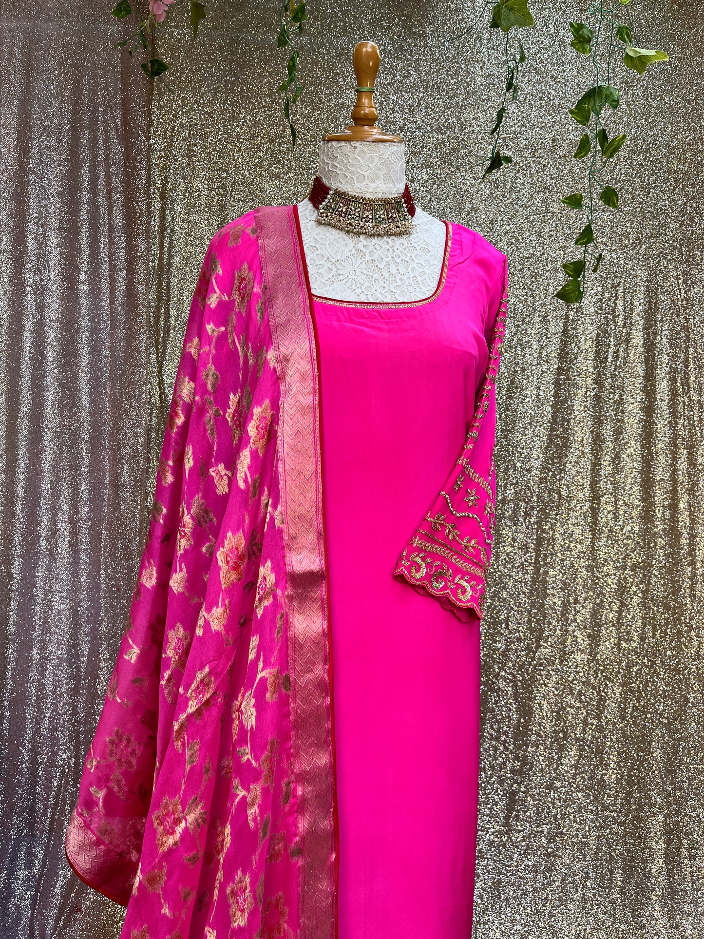 Neon pink pure crepe kurta set with banarsi dupatta