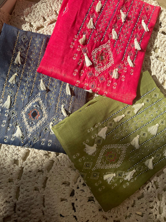 Cotton Lurex Suit Set with Mirror Work & Patola Print Dupatta (Set of 3) (Unstitched)
