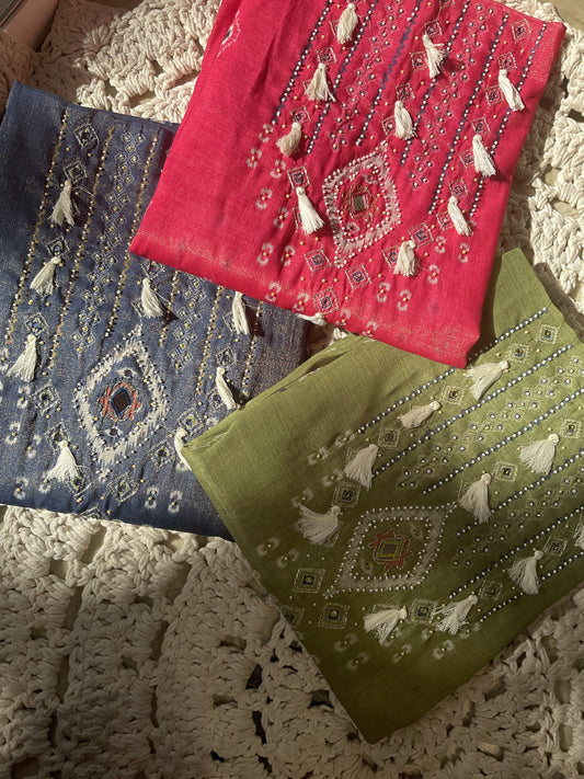 Cotton Lurex Suit Set with Mirror Work & Patola Print Dupatta (Set of 3) (Unstitched)