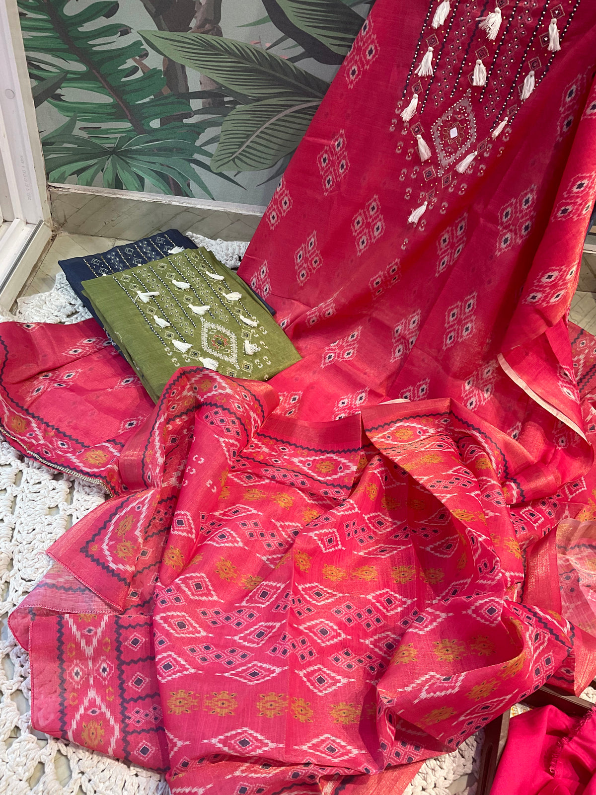Cotton Lurex Suit Set with Mirror Work & Patola Print Dupatta (Set of 3) (Unstitched)
