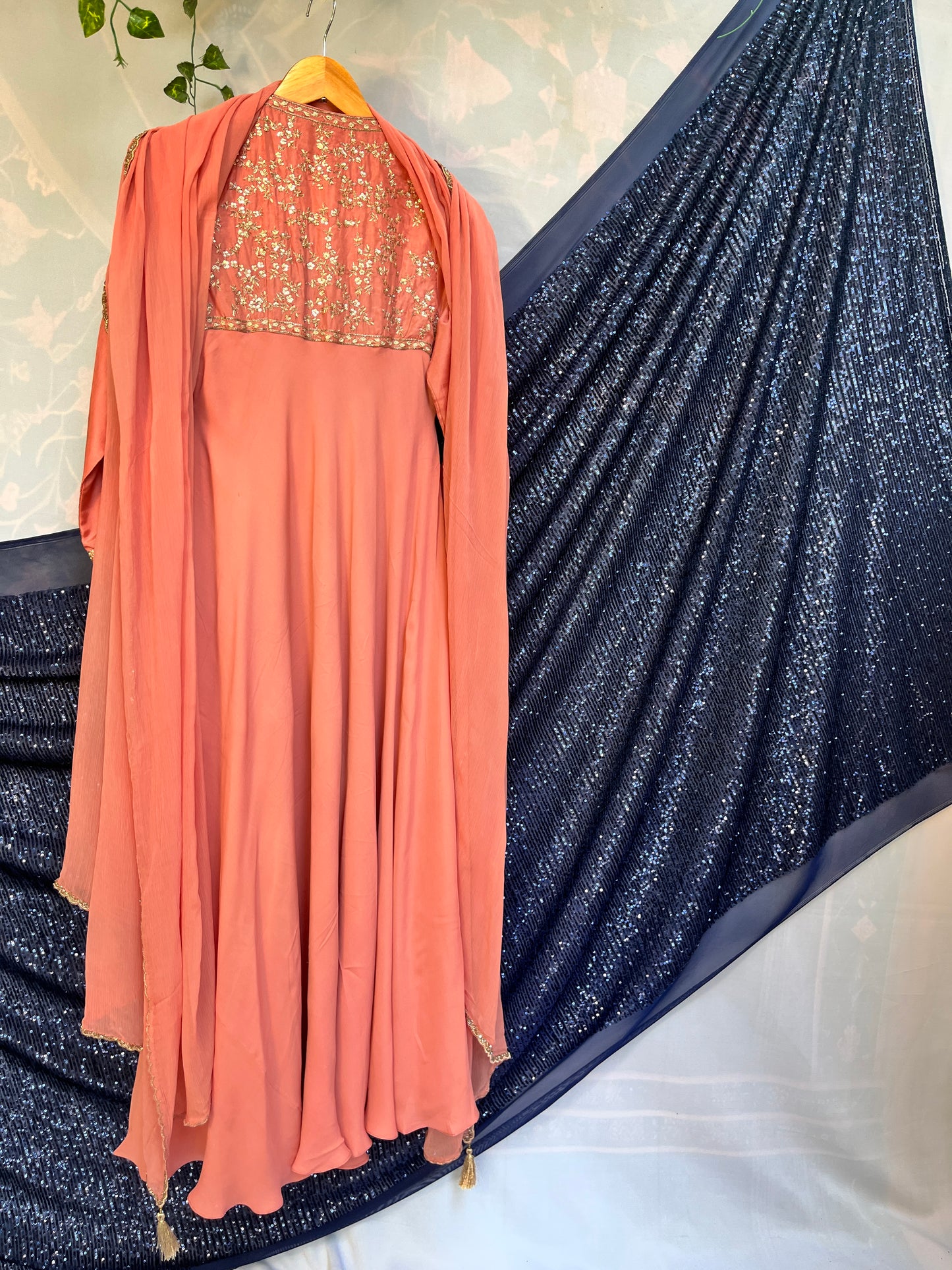 Coral pure crepe anarkali with Chiffon Dupatta