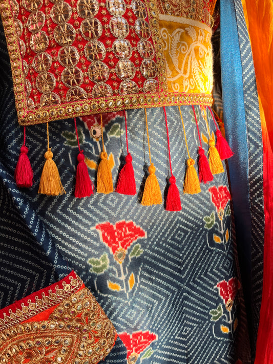 Cotton Silk Bandhani Kurta Set with Mirror Work & Mulmul Dupatta