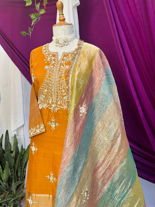 Mustard Tissue Kurta Set with Multicolor Dupatta & Brocket Pants