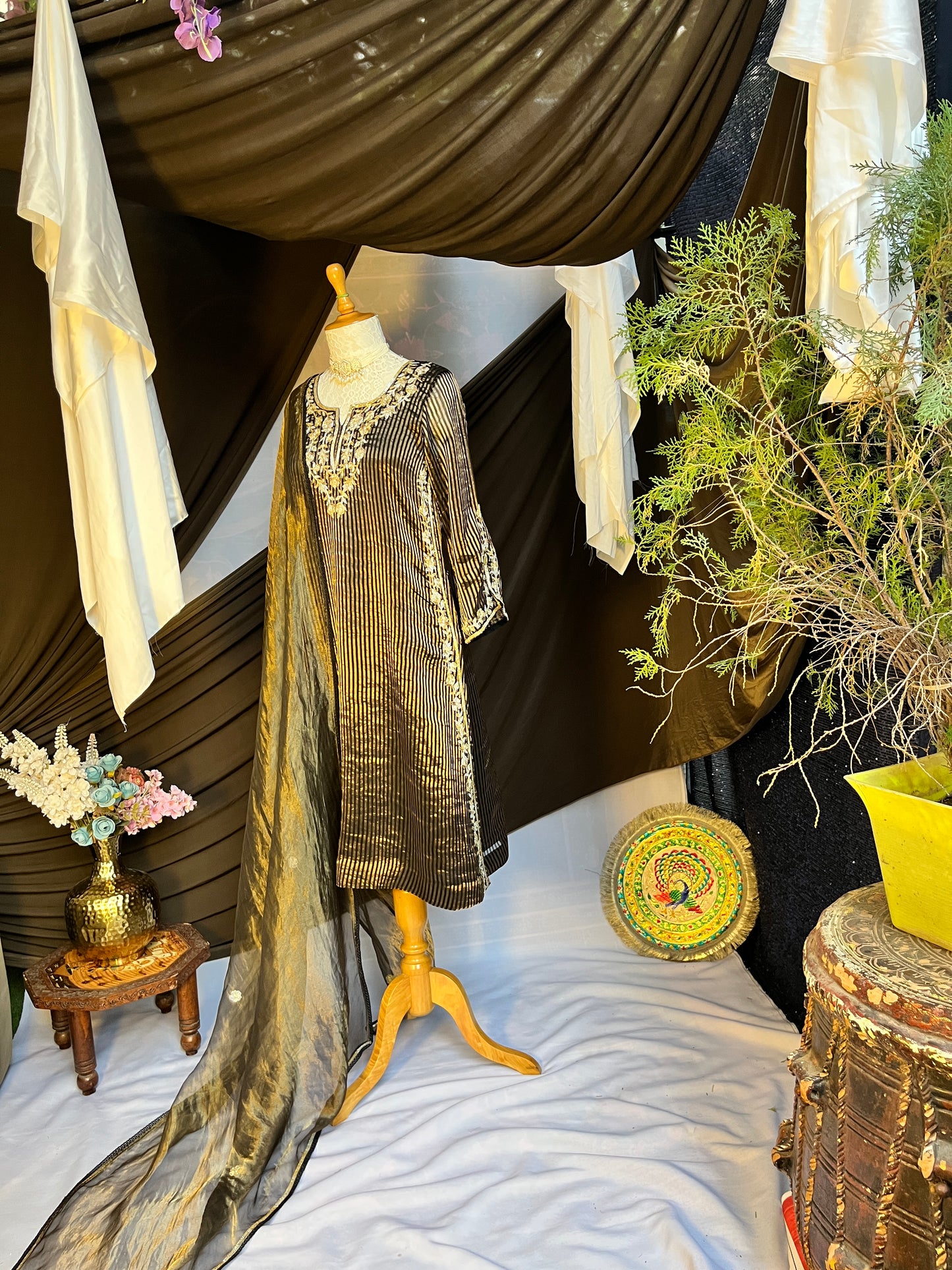 Black and Golden Tissue Kurta Set