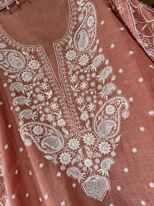 Mulmul Kurta Set with Hand Chikankari & Pearl Moti Work Heavy Jaal Dupatta (Set of 3) (Unstitched)