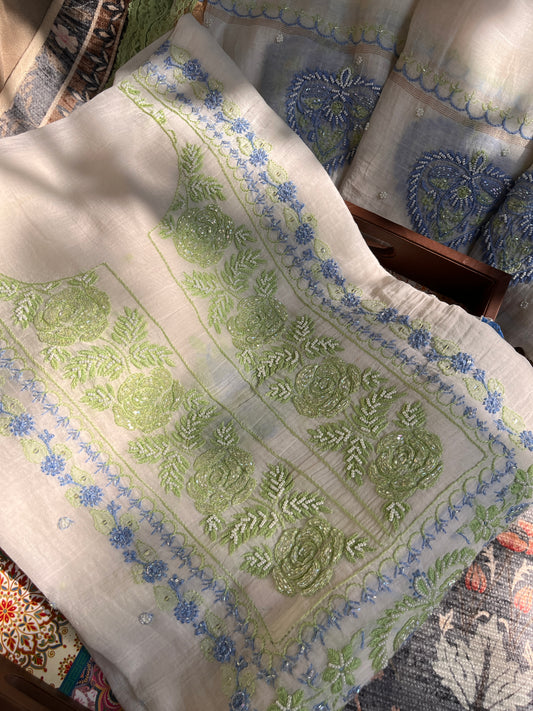 Mulmul Kurta Set with Handcrafted Gulab Motifs & Boota Dupatta with Lace Detailing (Set of 3) (Unstitched)