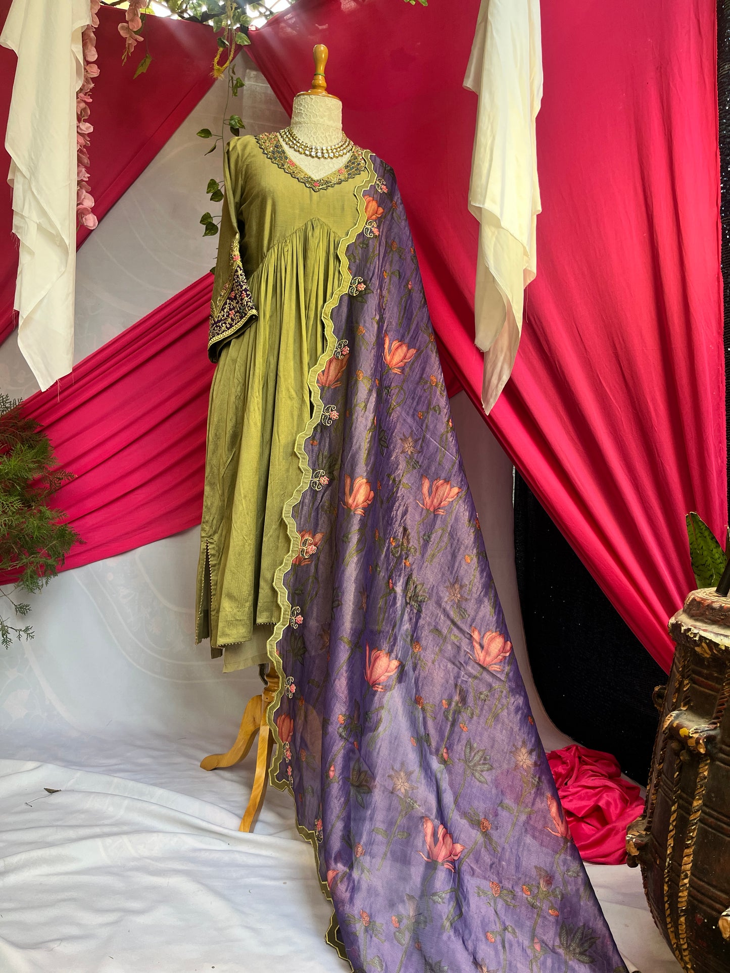 Olive Green Silk Gathered Anarkali With Zari Tissue Dupatta