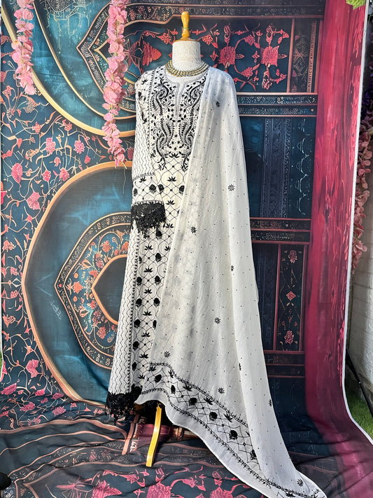 Ivory Anarkali with heavy black cutdana embroidery