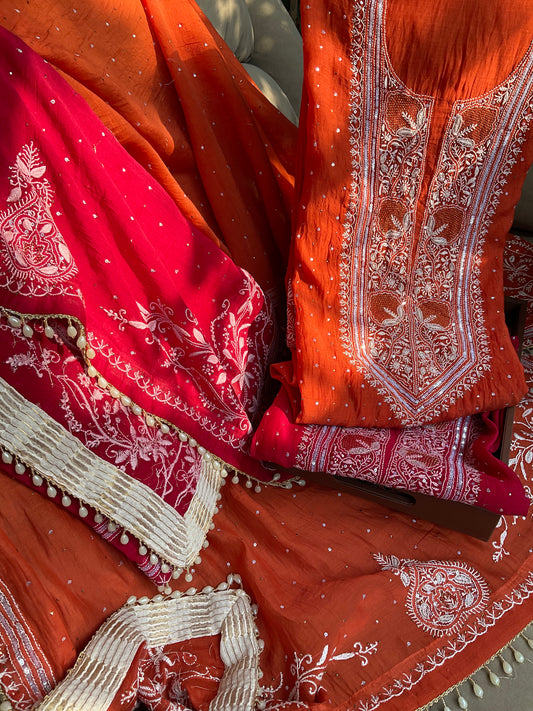 Soft Mulmul Kurta Set with Chikankari & Mukesh Work with Handcrafted Dupatta (Set of 3) (Stitched)