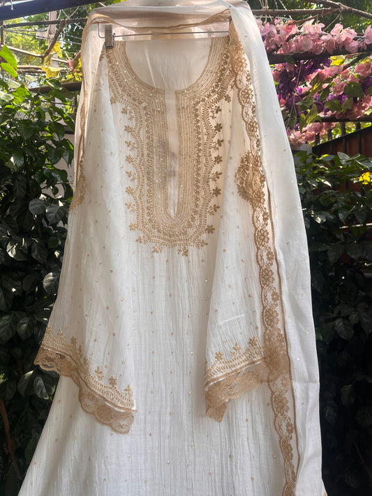 Pure Mulmul Kurta Set with Color Thread & Sequin Work with Lace Border Detailing (Set of 3) (Unstitched)