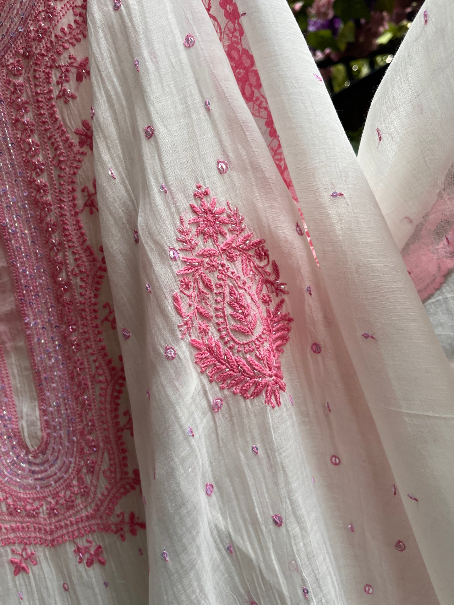 Pure Mulmul Kurta Set with Color Thread & Sequin Work with Lace Border Detailing (Set of 3) (Unstitched)