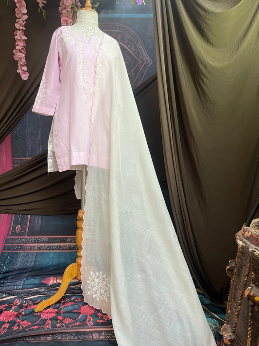 Pink Short Kurta Set with delicate thread and mirror work