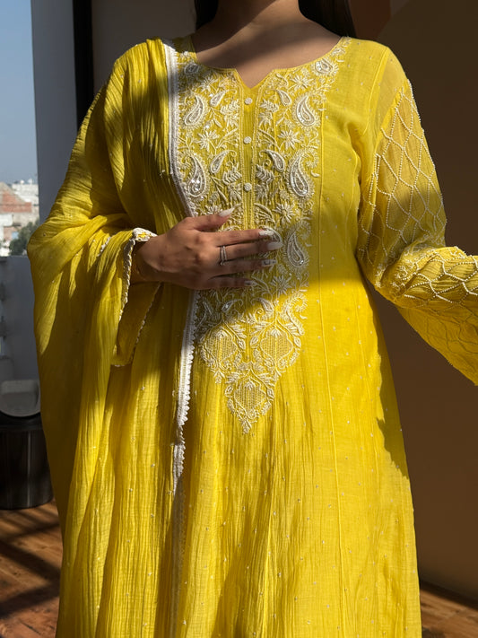 Sunshine Yellow Pearl-Embroidered Anarkali Set