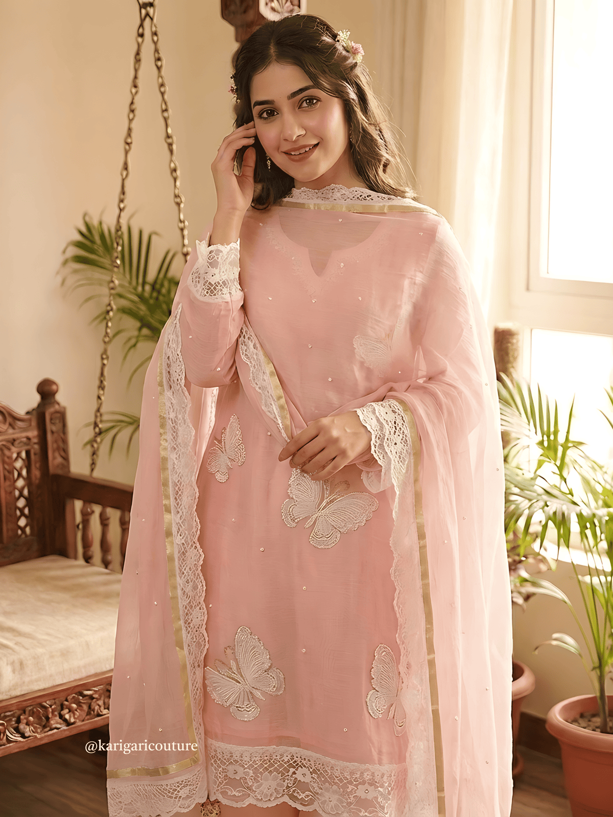 Ensemble Kurta Mulmul Rose Poudré Éthéré Flutter